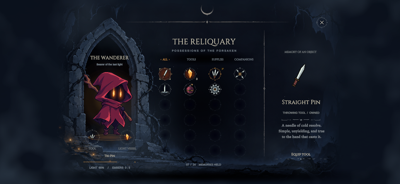 The Reliquary inventory with hooded character and item collection